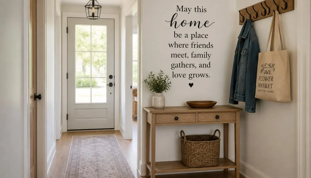 Entryway wall with a vinyl quote sticker above a console table