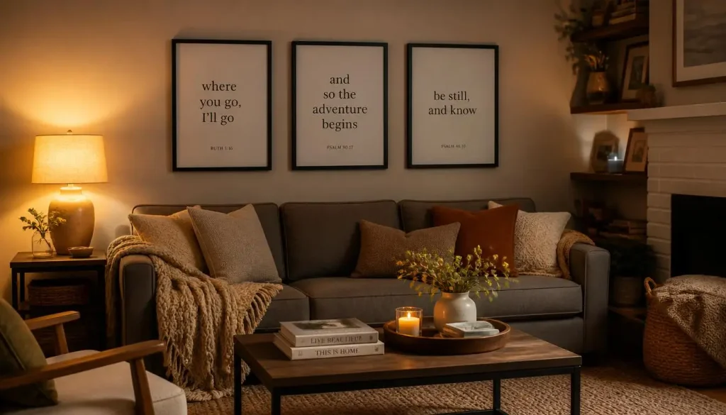 Gallery wall of framed quotes above a sofa in a cozy living room