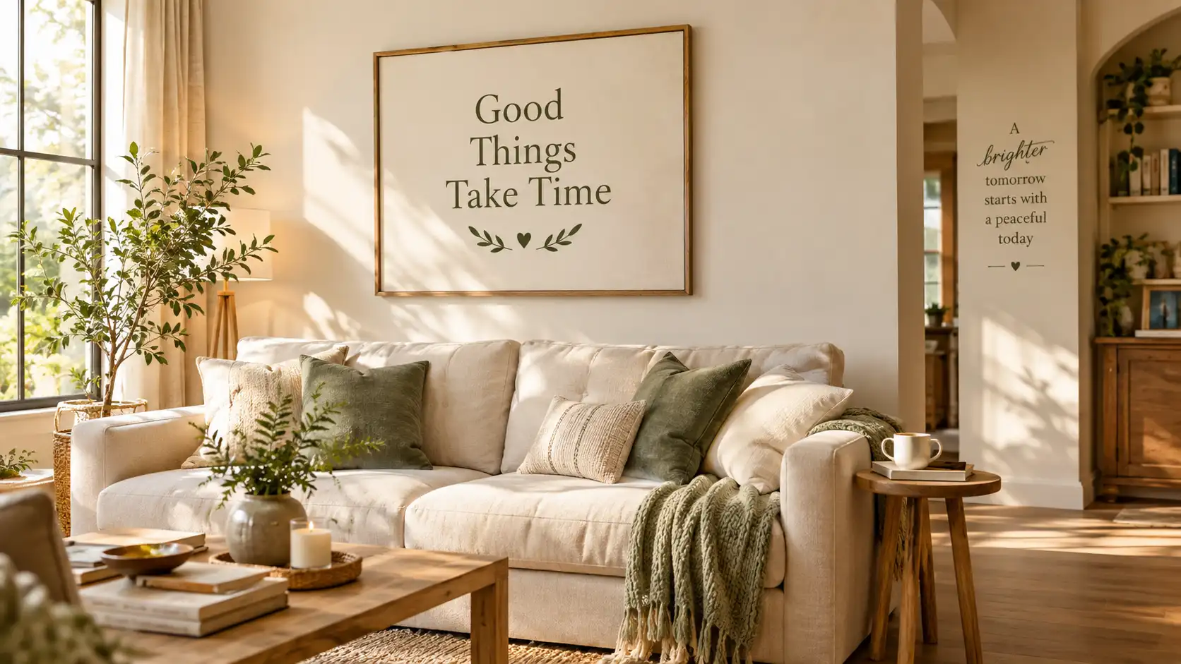 Living room with a framed wall quote above the sofa and a vinyl quote sticker on the side wall