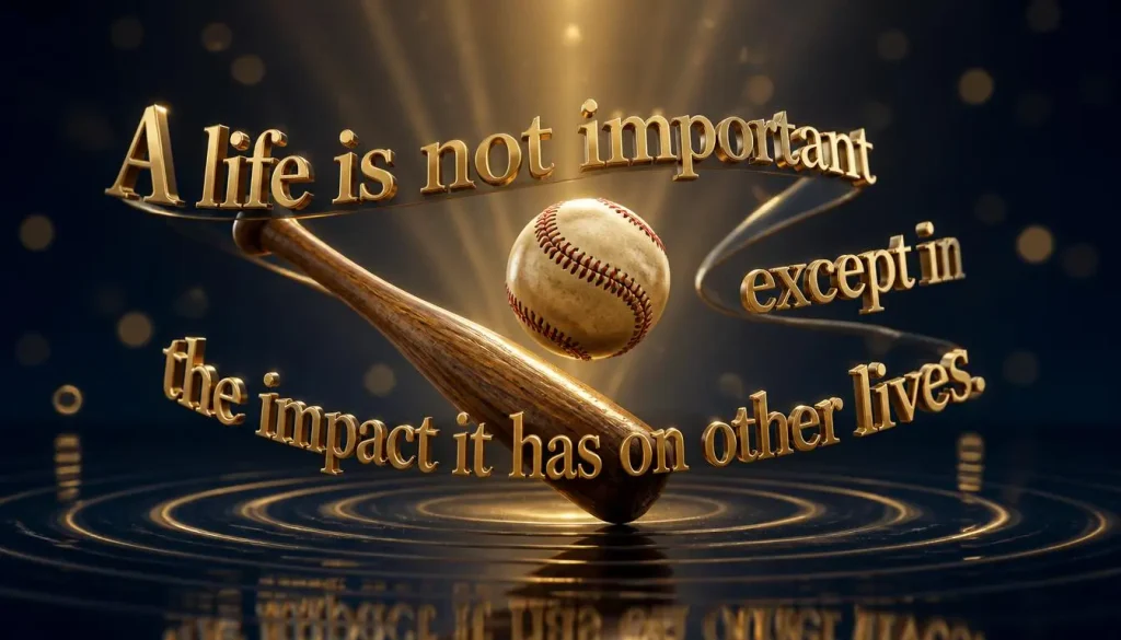 Floating 3D gold ribbon of text spelling Jackie Robinson's most famous quote about the impact of a life on other lives, wrapped around a baseball with ripples spreading outward.