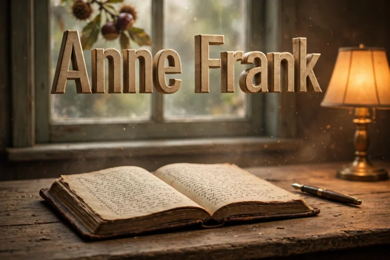 Anne Frank quotes — 3D floating text over a vintage diary on a wooden desk