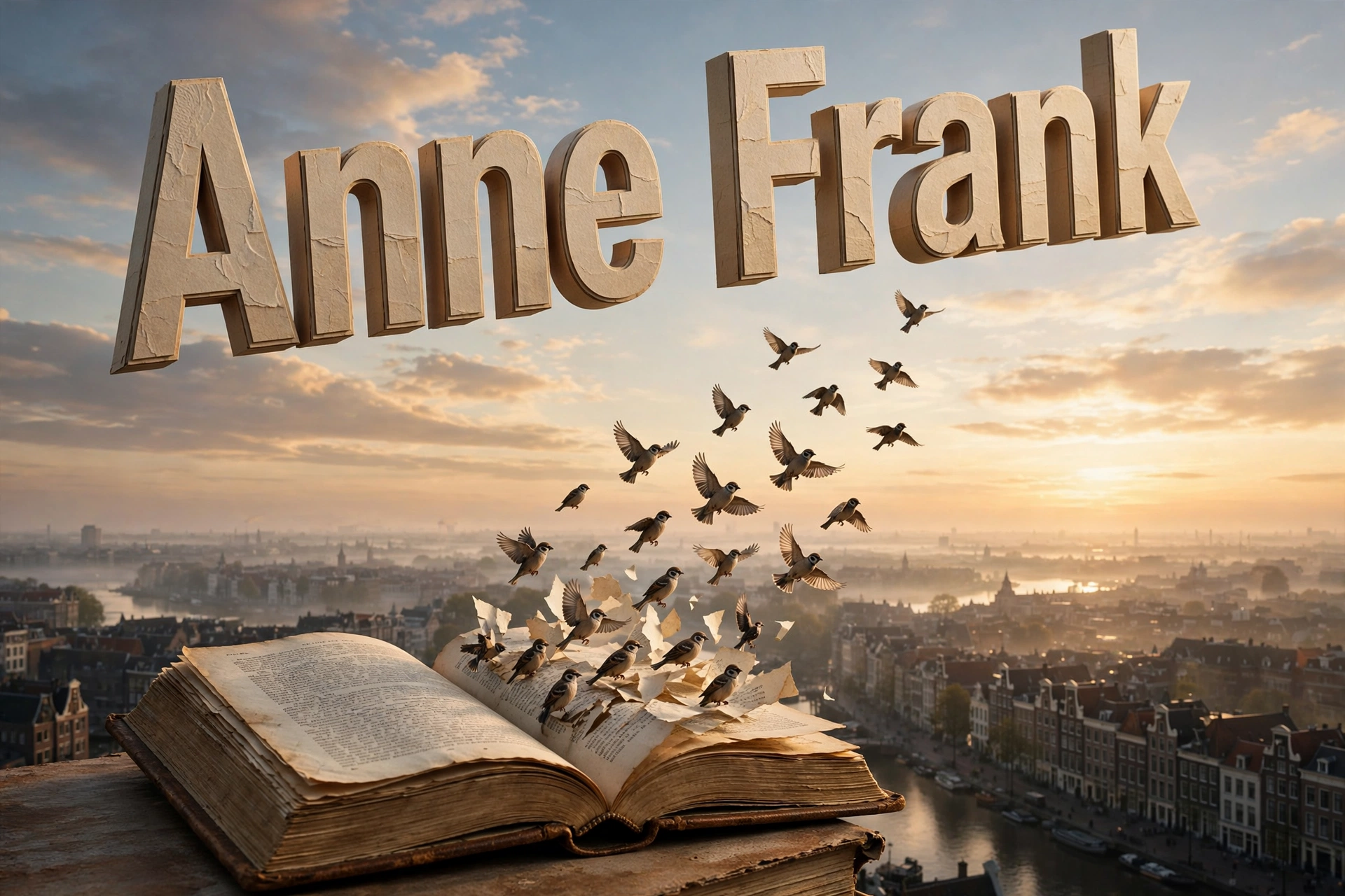 Anne Frank quotes 3D floating text over an open book with birds flying at dawn