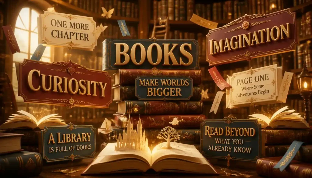 3D infographic illustrating Belle-inspired quotes about books, curiosity, imagination, reading, and discovering new worlds.