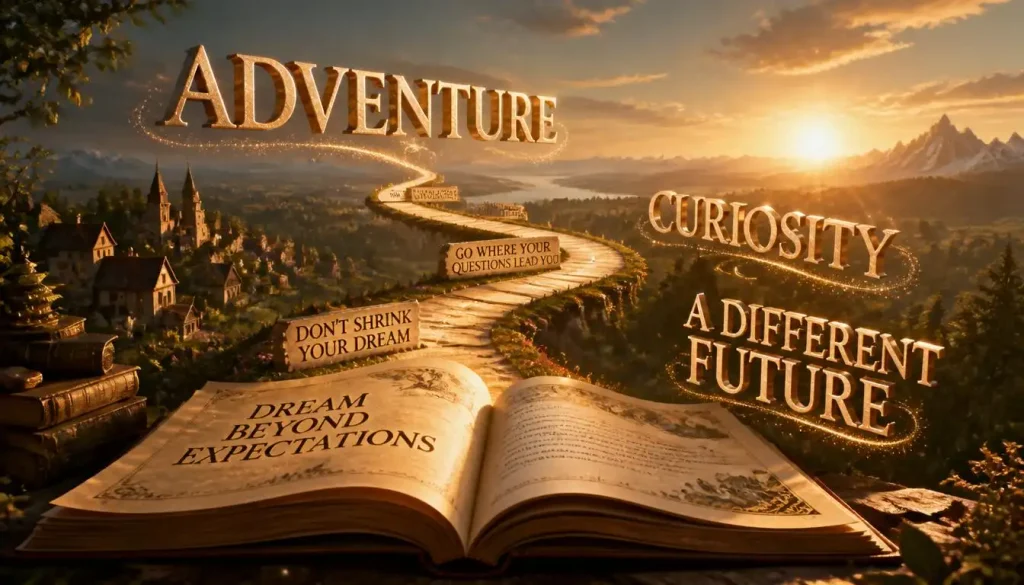 3D Belle-inspired infographic about dreams, adventure, curiosity, a different future, and following your own path.