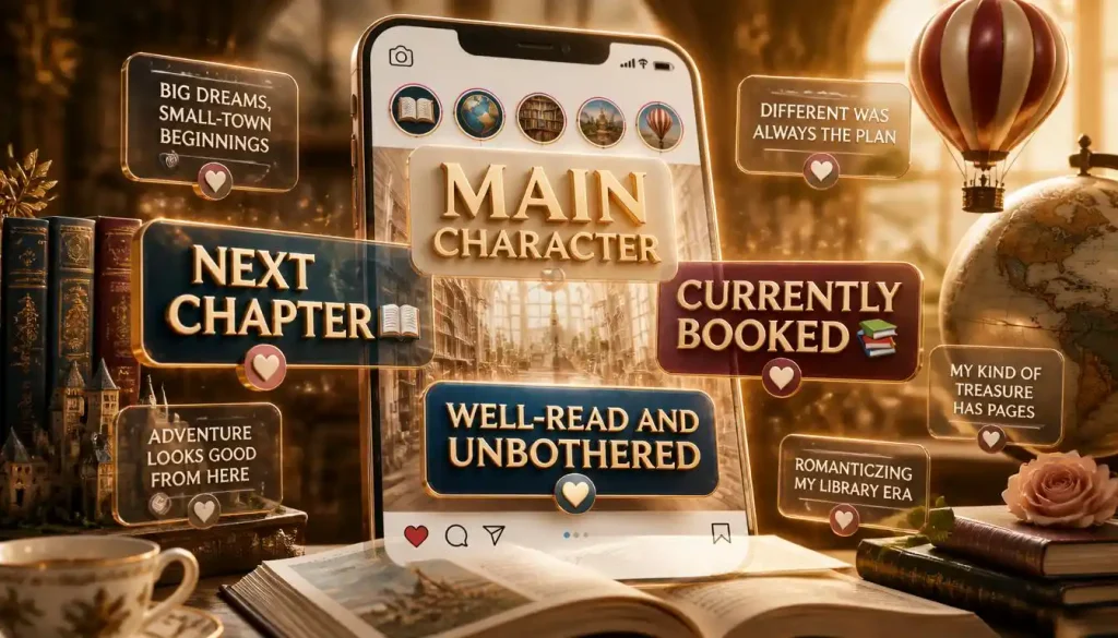 3D infographic featuring Belle-inspired Instagram captions about books, adventure, big dreams, individuality, and being well-read.