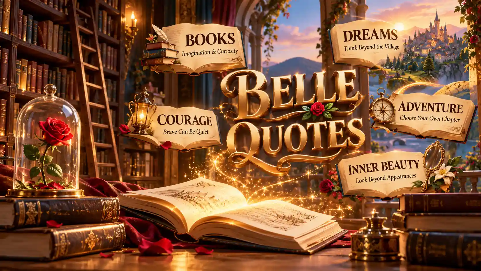Belle Quotes infographic with floating 3D text about books, dreams, adventure, courage, and inner beauty in an enchanted library.