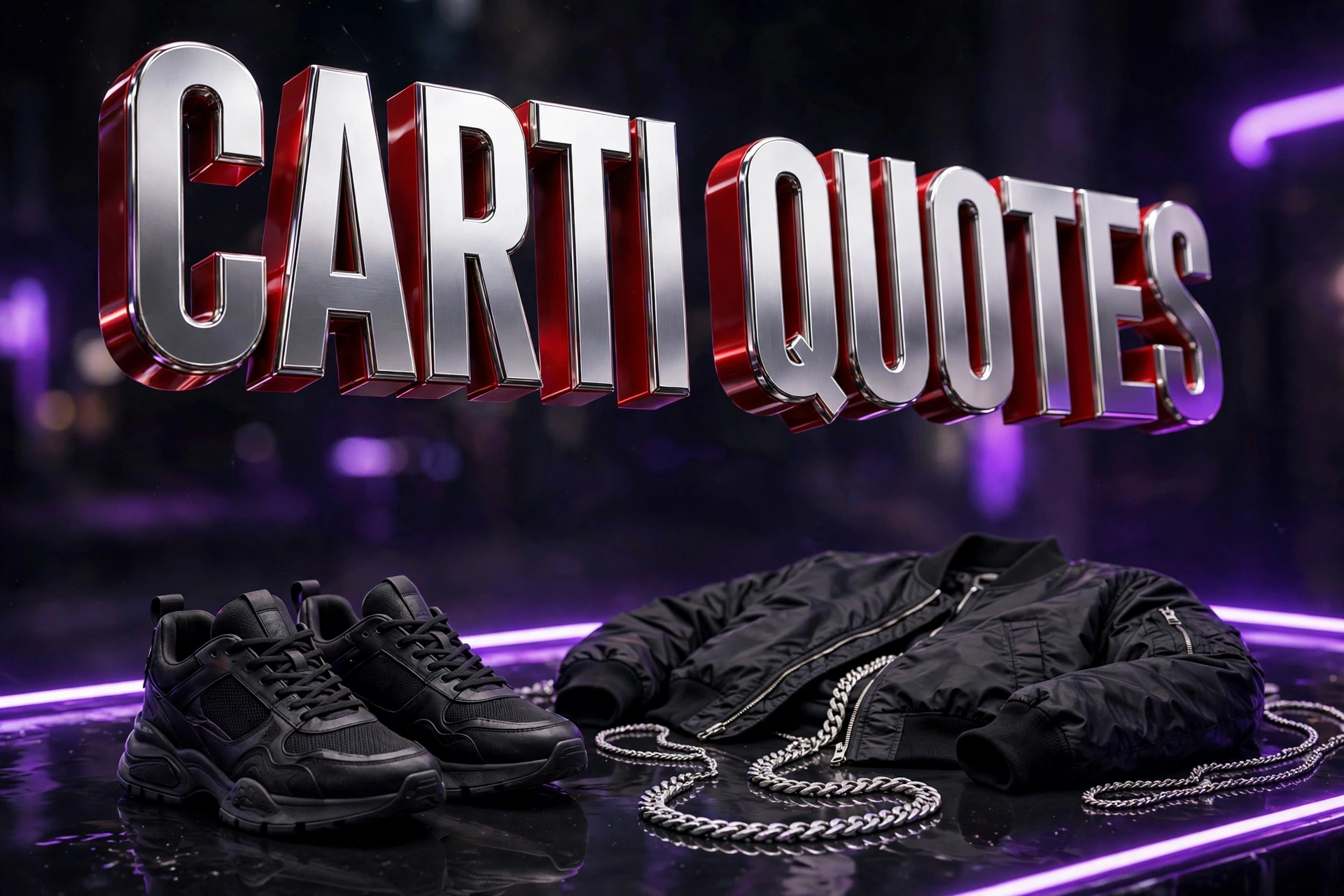Carti Quotes 3D chrome text floating over a streetwear fashion scene with designer sneakers, chains and a bomber jacket