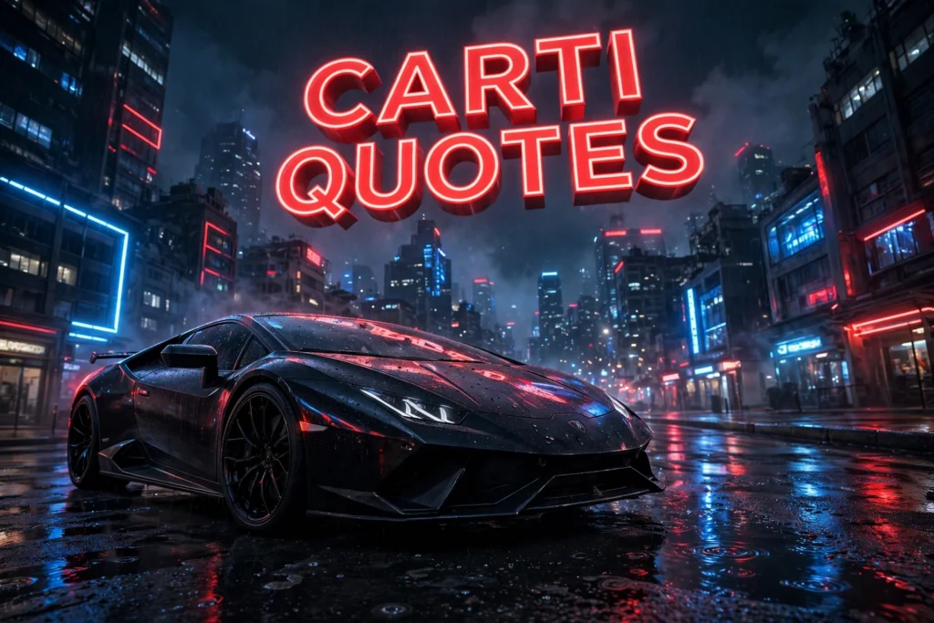 Carti Quotes glowing red 3D text over a night city skyline with a sports car