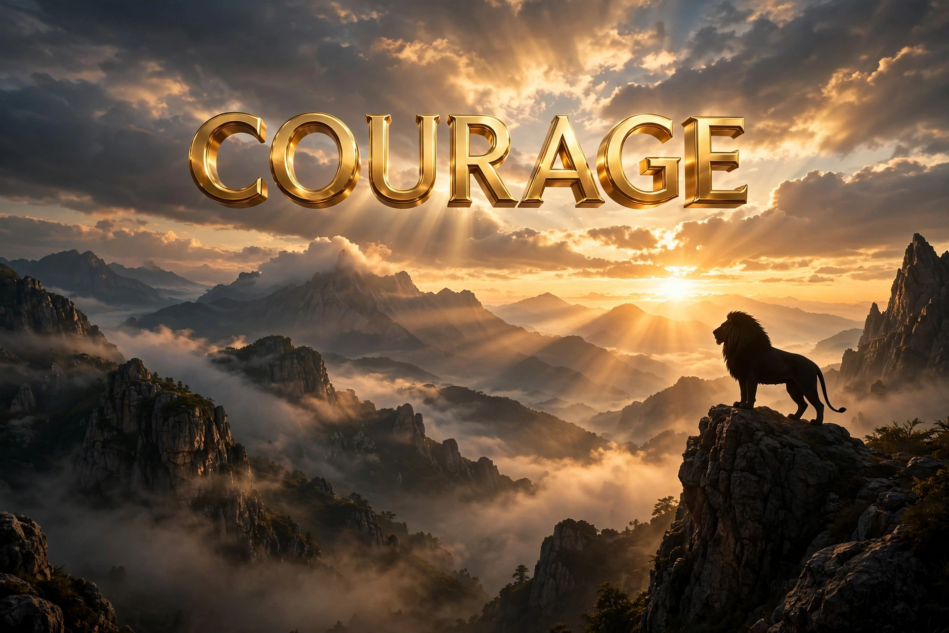 Golden 3D COURAGE text over mountain sunrise with lion silhouette — C.S. Lewis quotes about courage and hard times