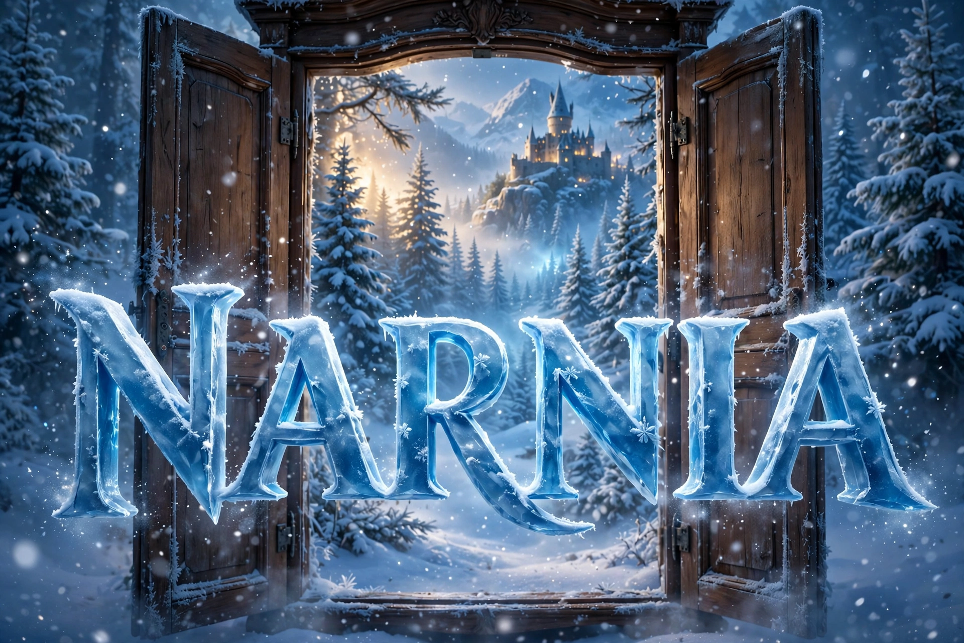 Icy blue 3D NARNIA text before an open wardrobe revealing a snowy castle — C.S. Lewis quotes about imagination and stories