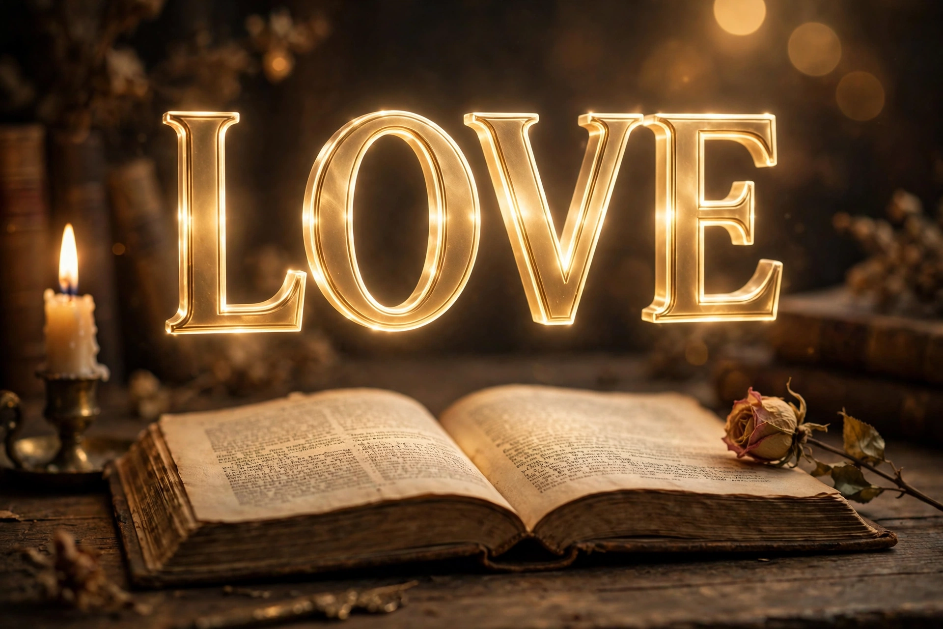 LOVE 3D floating text over an open vintage book — Dostoevsky quotes on love collection