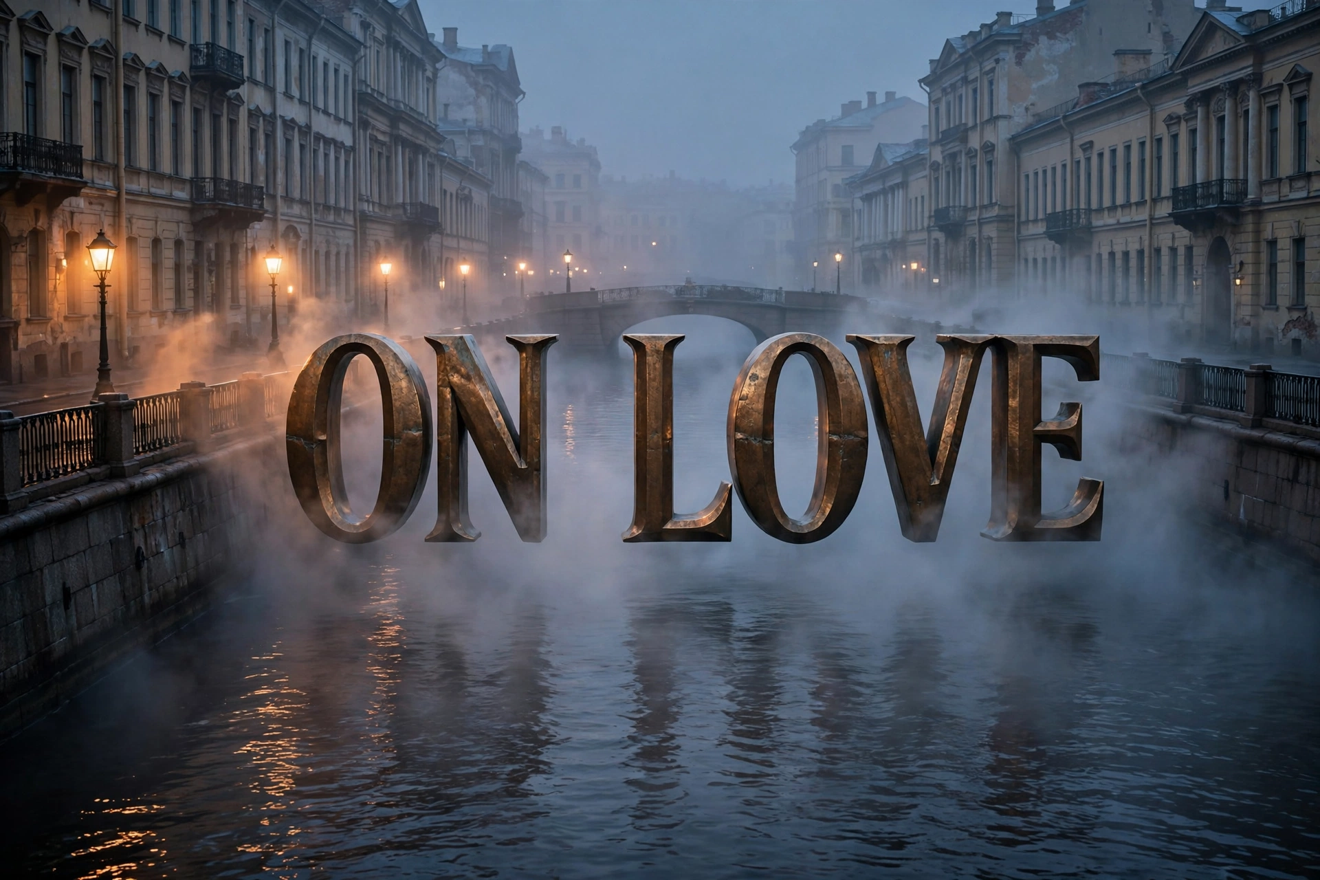 ON LOVE 3D floating text over a misty St. Petersburg canal — Dostoevsky love quotes collection