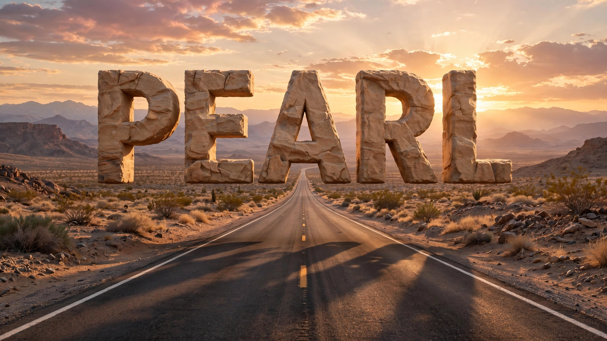 Pearl — 3D PEARL text over a desert highway at sunrise, Janis Joplin quotes collection