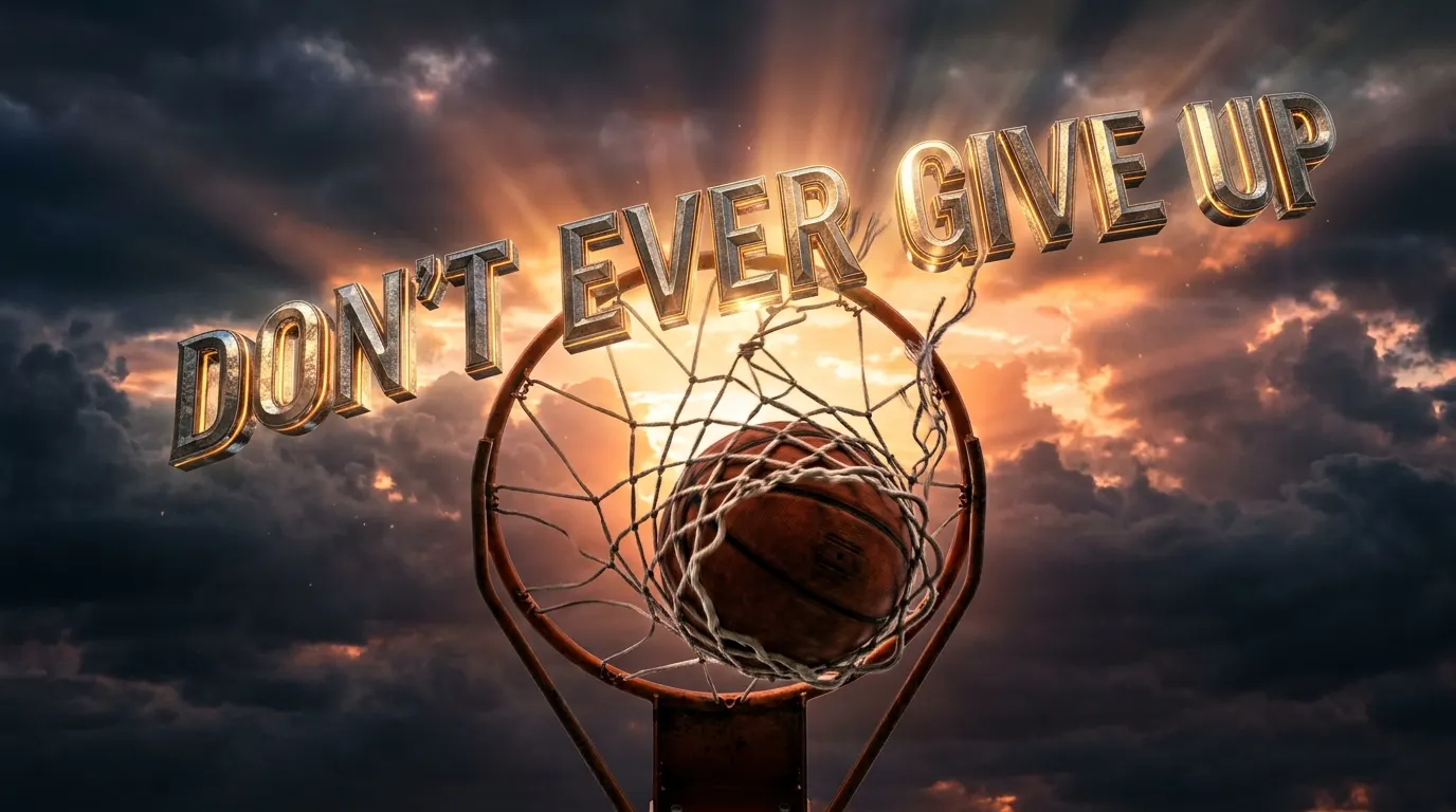 Basketball dropping through a net against a sunrise sky, representing never giving up