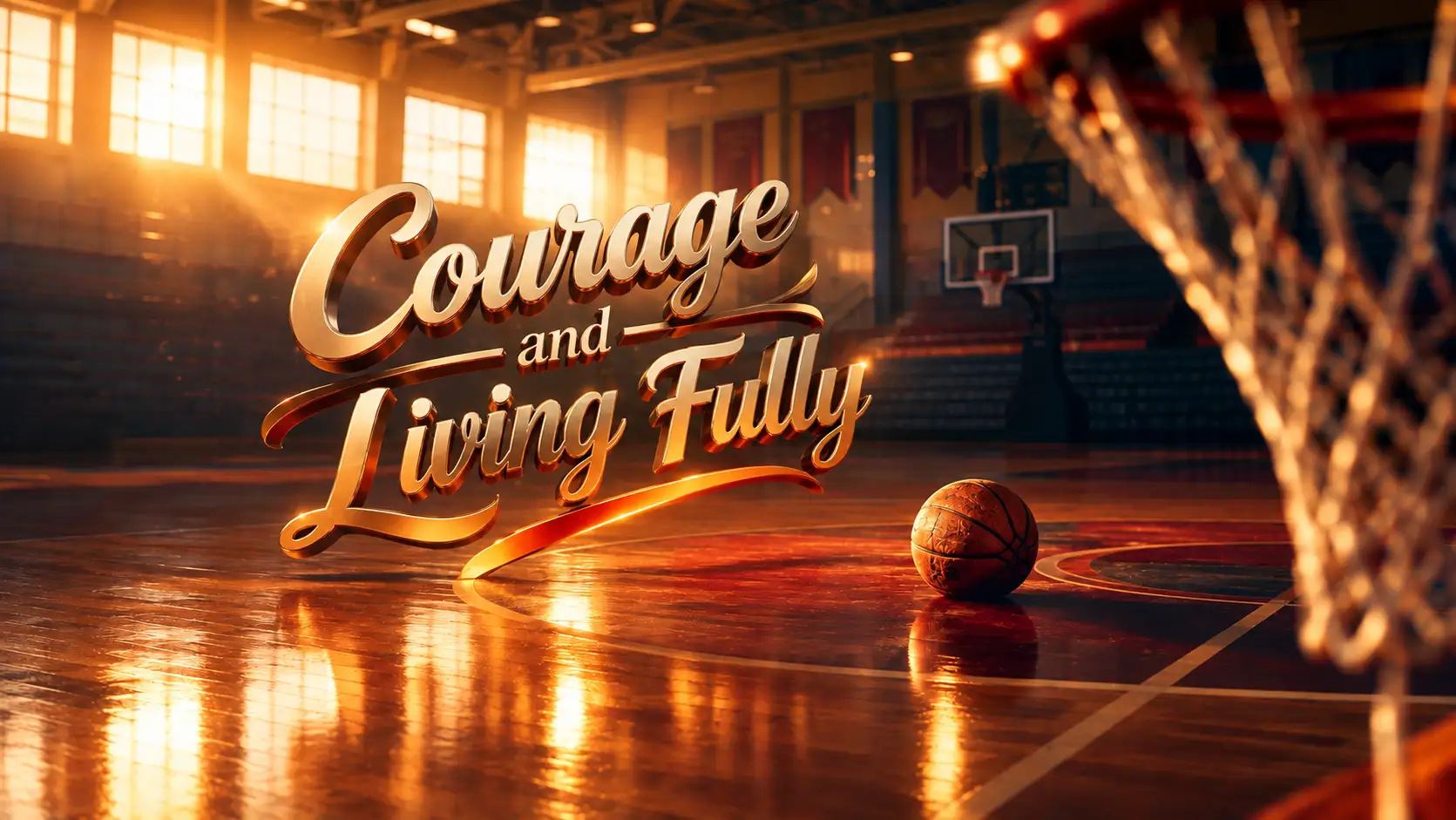 Basketball resting at center court of an empty arena at sunrise, symbolizing hope and perseverance