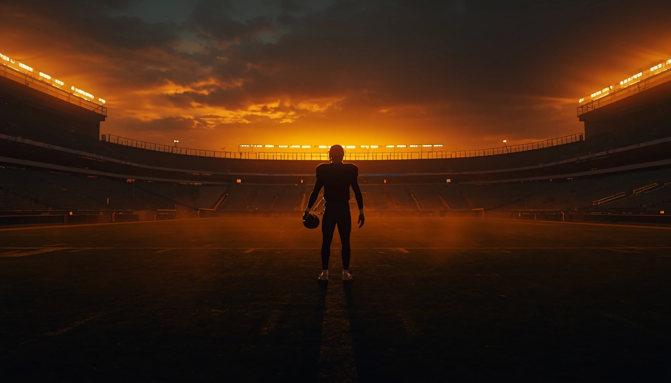 Silhouette of a quarterback standing in an empty stadium at sunrise, representing Joe Burrow quotes on hard work and resilience.