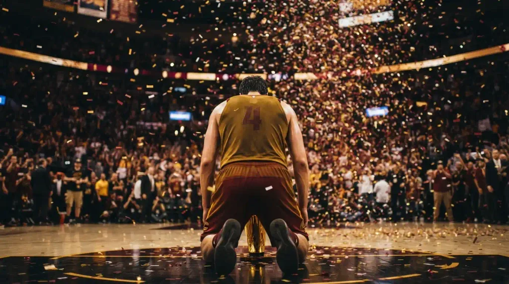 Basketball player kneeling with trophy as confetti falls after a championship win