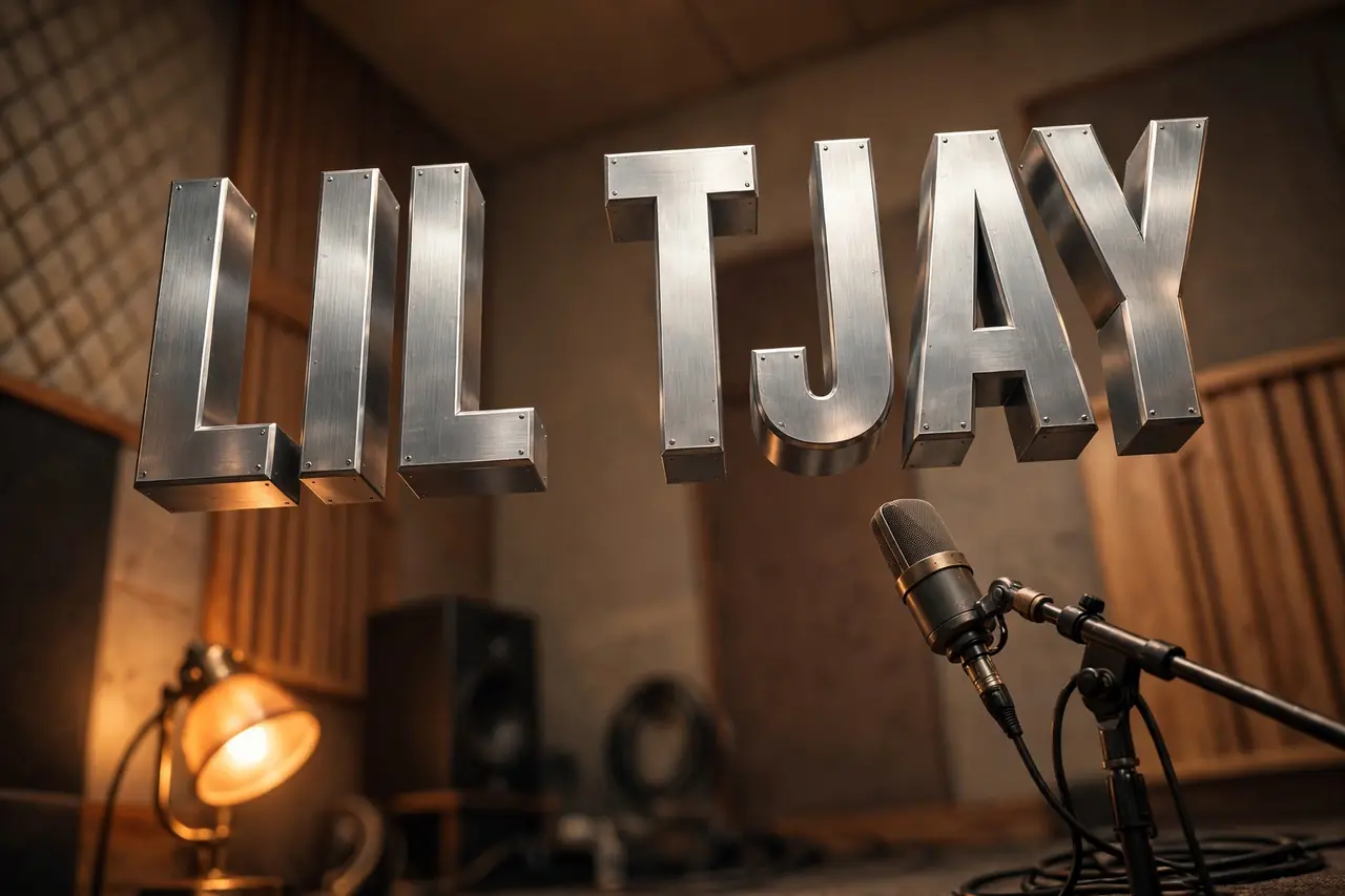 Lil Tjay lyric quotes — 3D floating LIL TJAY text in a recording studio scene with a vintage microphone