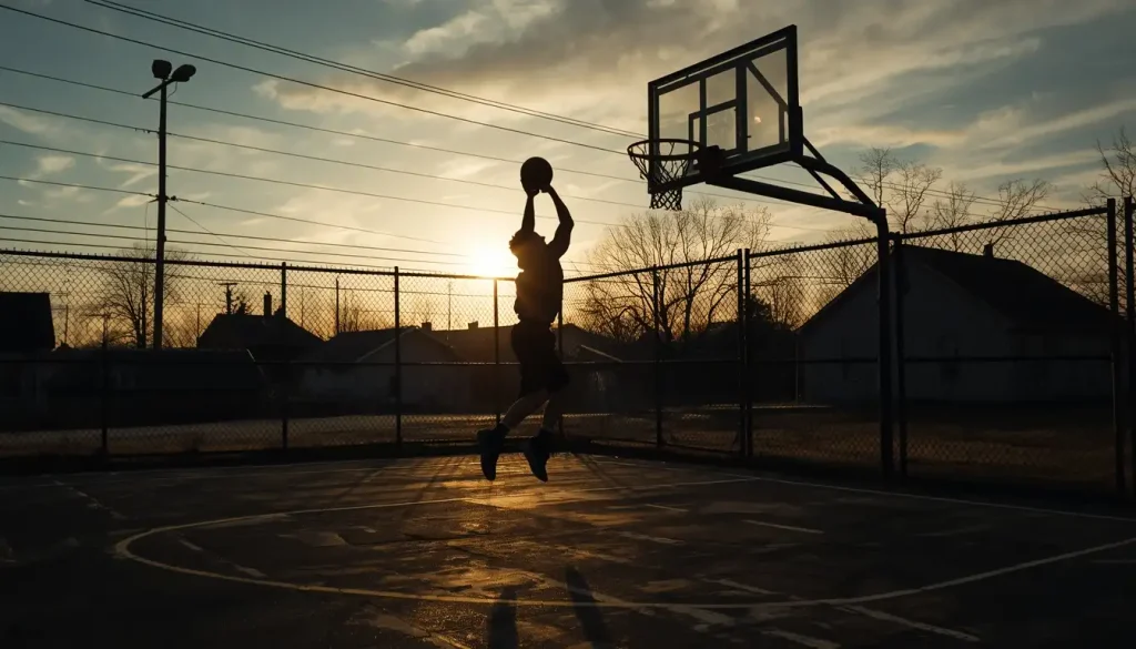 Basketball player shooting hoops on a worn outdoor court at sunrise