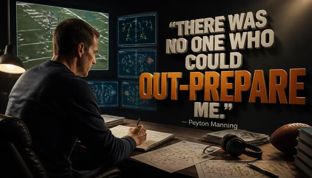 Peyton Manning preparation quote displayed over a cinematic quarterback film-study and football strategy scene.