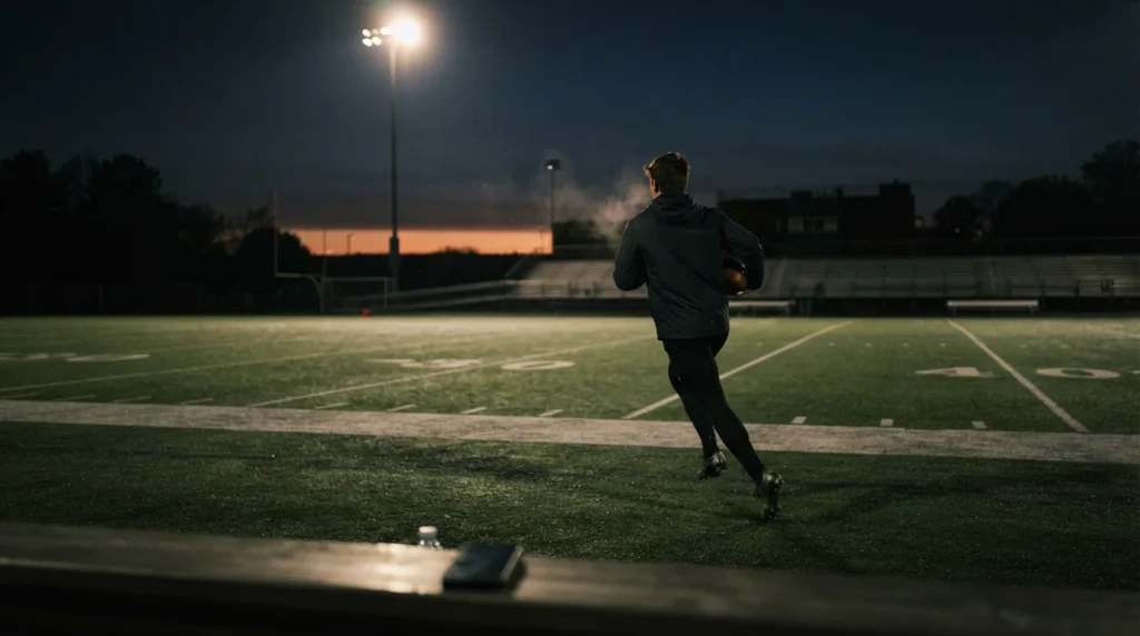 Athlete training alone at dawn, illustrating the "work in silence" quote.